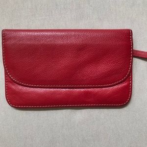 Red leather wallet with tan stitching